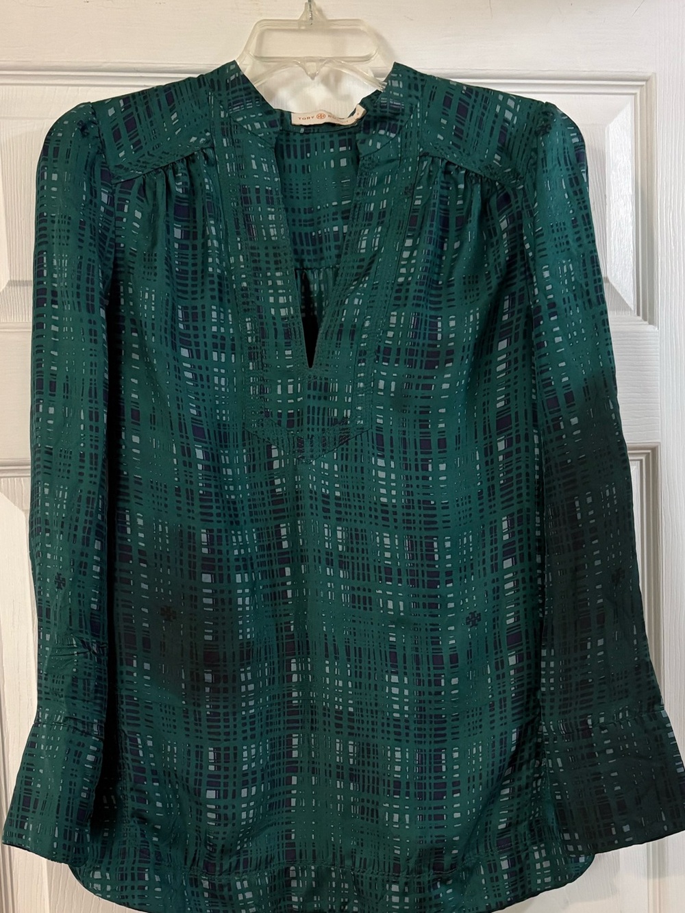 Tory Burch Emerald Green Plaid-Print Long-Sleeve Blouse